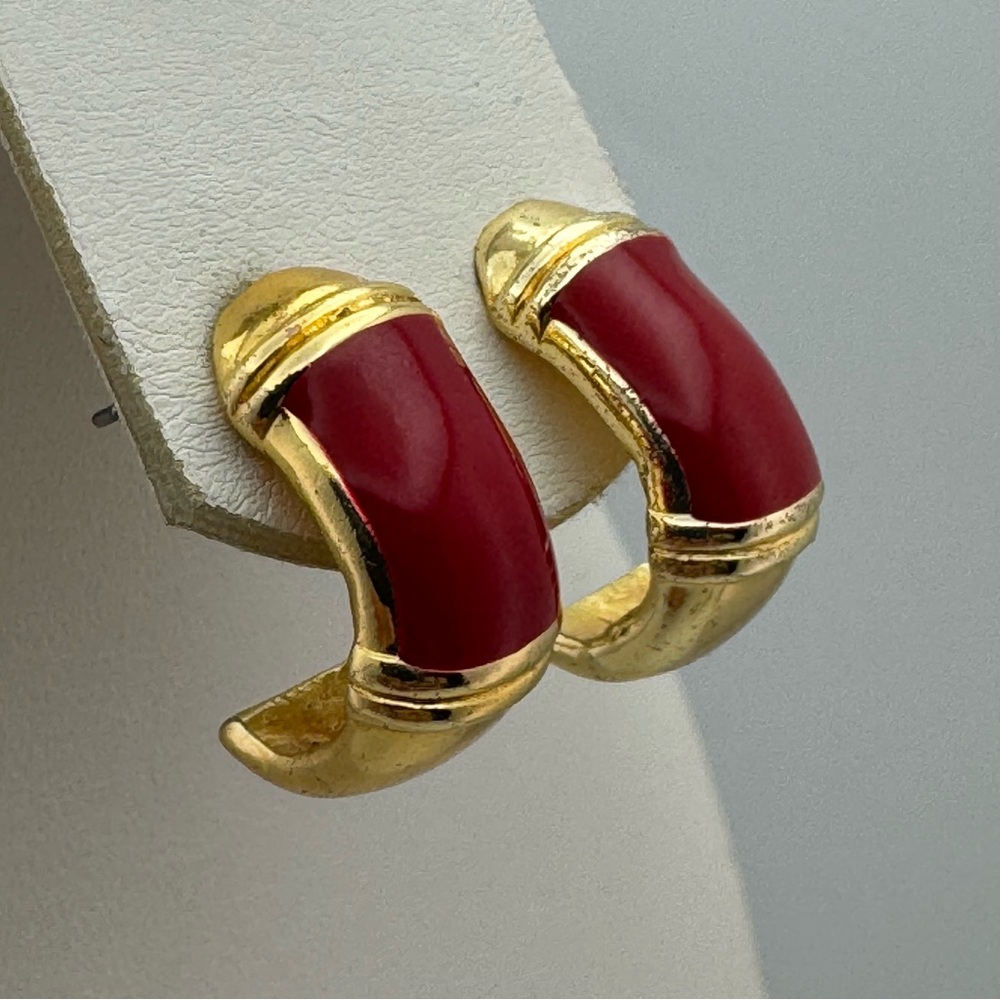 Gold Tone Red Enamel Half Hoop Stud Earrings